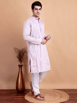 Elegant pastel pink embroidered kurta pajama set for men by treemoda 3