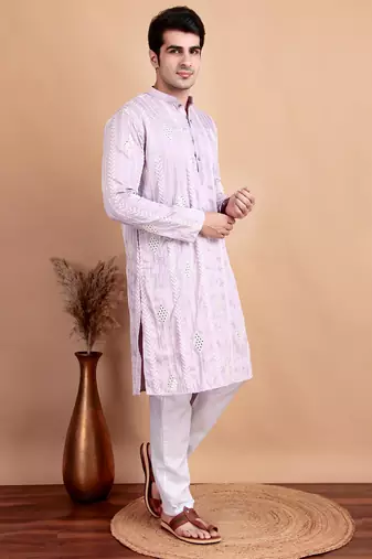 Elegant pastel pink embroidered kurta pajama set for men by treemoda