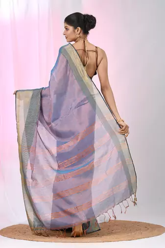 Elegant blue tissue saree with contrasting golden border