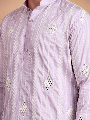 Elegant pastel pink embroidered kurta pajama set for men by treemoda 4