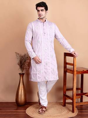 Elegant pastel pink embroidered kurta pajama set for men by treemoda 5