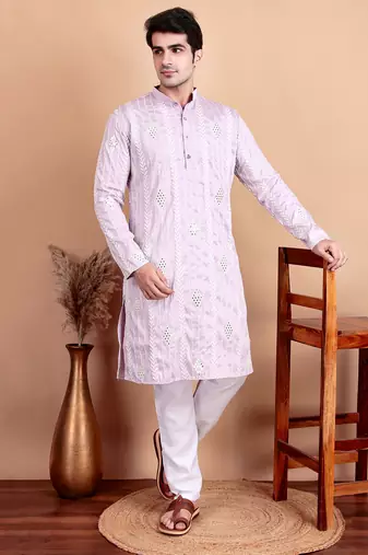 Elegant pastel pink embroidered kurta pajama set for men by treemoda