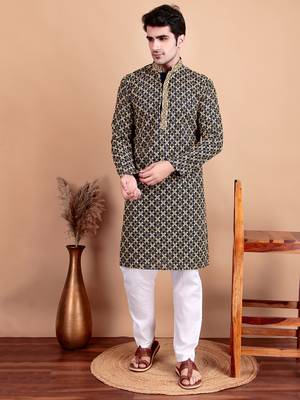 Elegant navy blue kurta pyjama set with yellow thread embroidered geometric pattern & embellished neckline 1