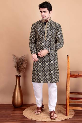 Elegant navy blue kurta pyjama set with yellow thread embroidered geometric pattern & embellished neckline