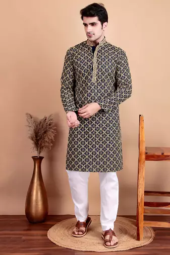 Elegant navy blue kurta pyjama set with yellow thread embroidered geometric pattern & embellished neckline