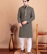 Elegant navy blue kurta pyjama set with yellow thread embroidered geometric pattern & embellished neckline