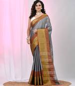 Elegant grey tissue saree with contrasting golden border