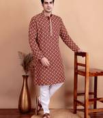 Elegant maroon kurta pyjama set with yellow thread embroidered geometric pattern & embellished neckline