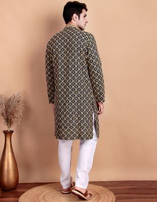Elegant navy blue kurta pyjama set with yellow thread embroidered geometric pattern & embellished neckline 2