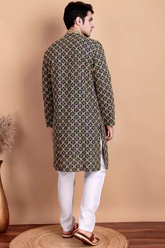 Elegant navy blue kurta pyjama set with yellow thread embroidered geometric pattern & embellished neckline