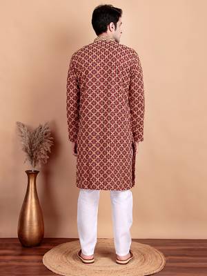 Elegant maroon kurta pyjama set with yellow thread embroidered geometric pattern & embellished neckline 2