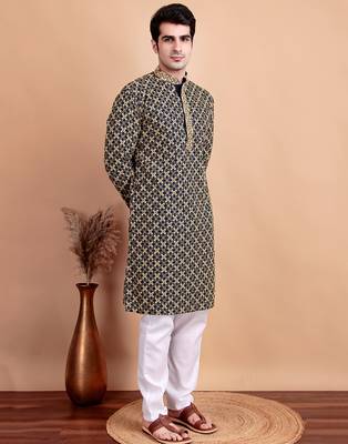 Elegant navy blue kurta pyjama set with yellow thread embroidered geometric pattern & embellished neckline 3