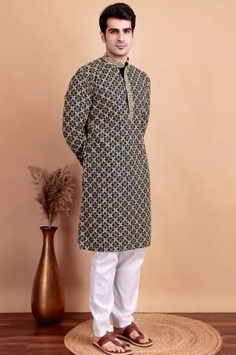 Elegant navy blue kurta pyjama set with yellow thread embroidered geometric pattern & embellished neckline