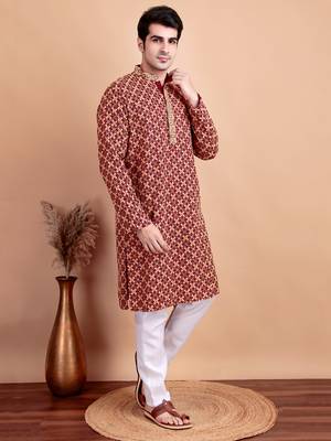 Elegant maroon kurta pyjama set with yellow thread embroidered geometric pattern & embellished neckline 3