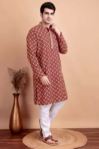 Elegant maroon kurta pyjama set with yellow thread embroidered geometric pattern & embellished neckline