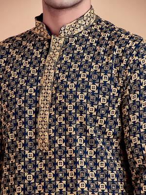 Elegant navy blue kurta pyjama set with yellow thread embroidered geometric pattern & embellished neckline 4