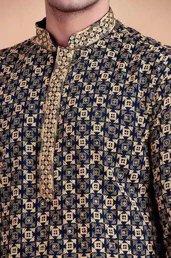 Elegant navy blue kurta pyjama set with yellow thread embroidered geometric pattern & embellished neckline