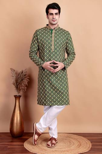 Elegant green kurta pyjama set with yellow thread embroidered geometric pattern & embellished neckline