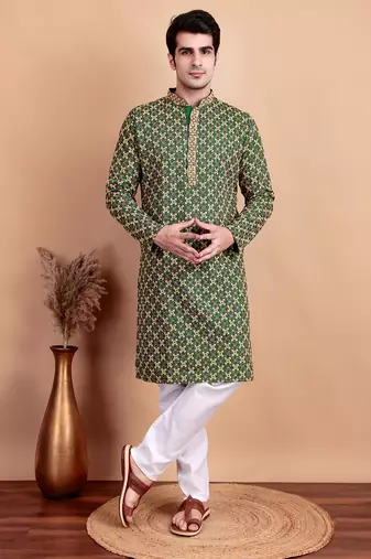 Elegant green kurta pyjama set with yellow thread embroidered geometric pattern & embellished neckline