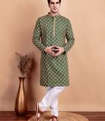 Elegant green kurta pyjama set with yellow thread embroidered geometric pattern & embellished neckline