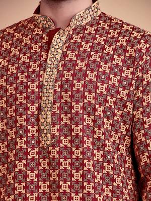 Elegant maroon kurta pyjama set with yellow thread embroidered geometric pattern & embellished neckline 4