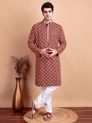 Elegant maroon kurta pyjama set with yellow thread embroidered geometric pattern & embellished neckline 5