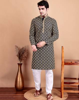 Elegant navy blue kurta pyjama set with yellow thread embroidered geometric pattern & embellished neckline 5
