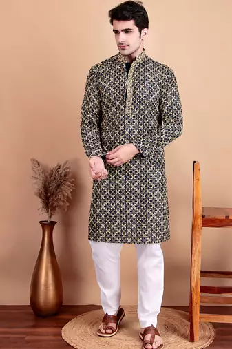 Elegant navy blue kurta pyjama set with yellow thread embroidered geometric pattern & embellished neckline
