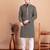 Elegant navy blue kurta pyjama set with yellow thread embroidered geometric pattern & embellished neckline
