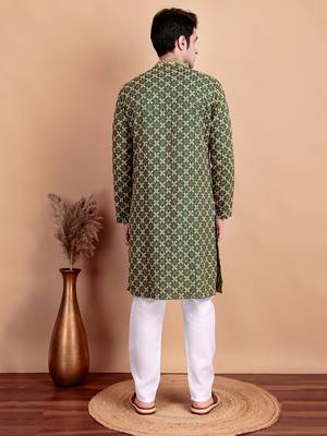 Elegant green kurta pyjama set with yellow thread embroidered geometric pattern & embellished neckline 2