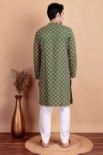 Elegant green kurta pyjama set with yellow thread embroidered geometric pattern & embellished neckline