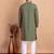Elegant green kurta pyjama set with yellow thread embroidered geometric pattern & embellished neckline