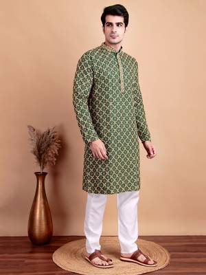 Elegant green kurta pyjama set with yellow thread embroidered geometric pattern & embellished neckline 3