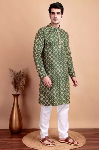 Elegant green kurta pyjama set with yellow thread embroidered geometric pattern & embellished neckline