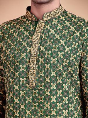 Elegant green kurta pyjama set with yellow thread embroidered geometric pattern & embellished neckline 4