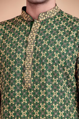 Elegant green kurta pyjama set with yellow thread embroidered geometric pattern & embellished neckline