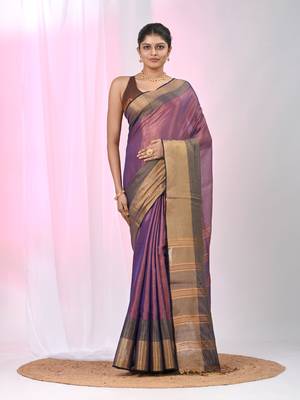Elegant purple tissue saree with contrasting golden border 1