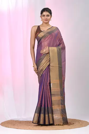 Elegant purple tissue saree with contrasting golden border