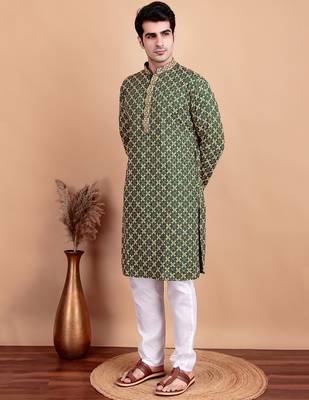 Elegant green kurta pyjama set with yellow thread embroidered geometric pattern & embellished neckline 5