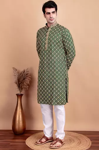 Elegant green kurta pyjama set with yellow thread embroidered geometric pattern & embellished neckline