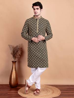Elegant black kurta pyjama set with yellow thread embroidered geometric pattern & embellished neckline 1