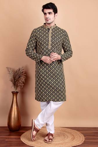 Elegant black kurta pyjama set with yellow thread embroidered geometric pattern & embellished neckline