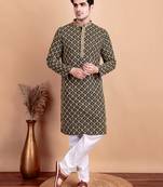 Elegant black kurta pyjama set with yellow thread embroidered geometric pattern & embellished neckline