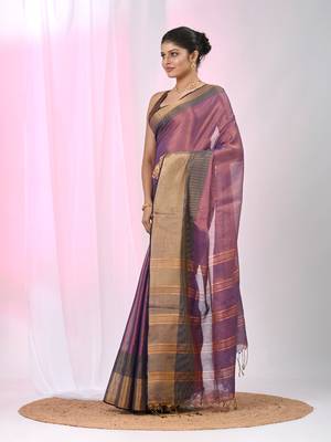 Elegant purple tissue saree with contrasting golden border 2