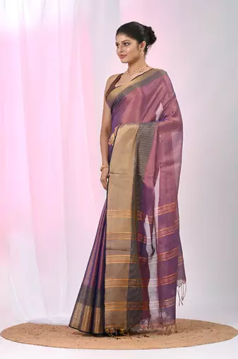 Elegant purple tissue saree with contrasting golden border