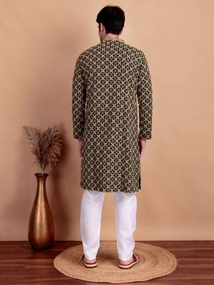 Elegant black kurta pyjama set with yellow thread embroidered geometric pattern & embellished neckline 2