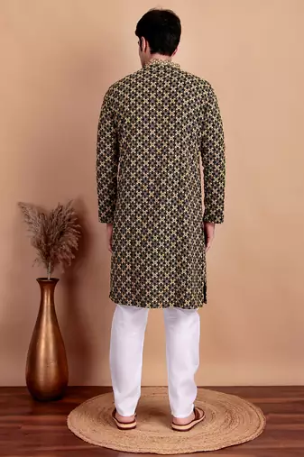 Elegant black kurta pyjama set with yellow thread embroidered geometric pattern & embellished neckline