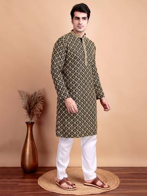 Elegant black kurta pyjama set with yellow thread embroidered geometric pattern & embellished neckline 3