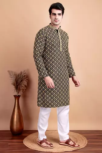 Elegant black kurta pyjama set with yellow thread embroidered geometric pattern & embellished neckline