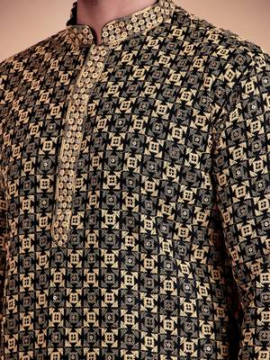 Elegant black kurta pyjama set with yellow thread embroidered geometric pattern & embellished neckline 4